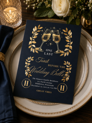 A navy blue wedding rehearsal invitation featuring gold foil clinking champagne glasses and laurel leaf wreaths.