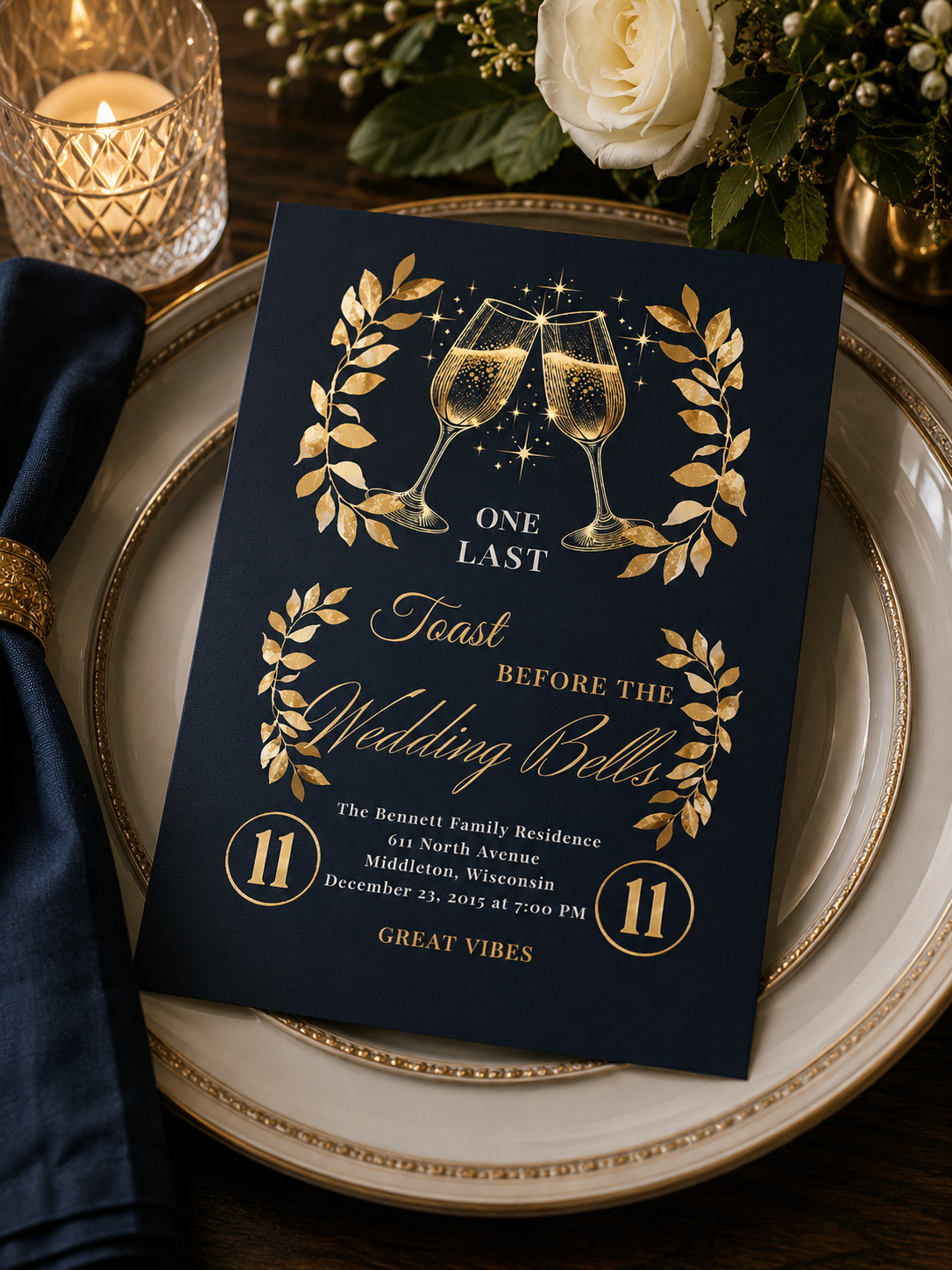 A navy blue wedding rehearsal invitation featuring gold foil clinking champagne glasses and laurel leaf wreaths.