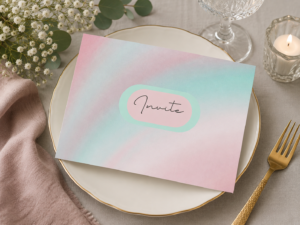 A horizontal stationery card featuring a soft pastel pink, blue, and teal ombre gradient background with a central "Invite" pill label.