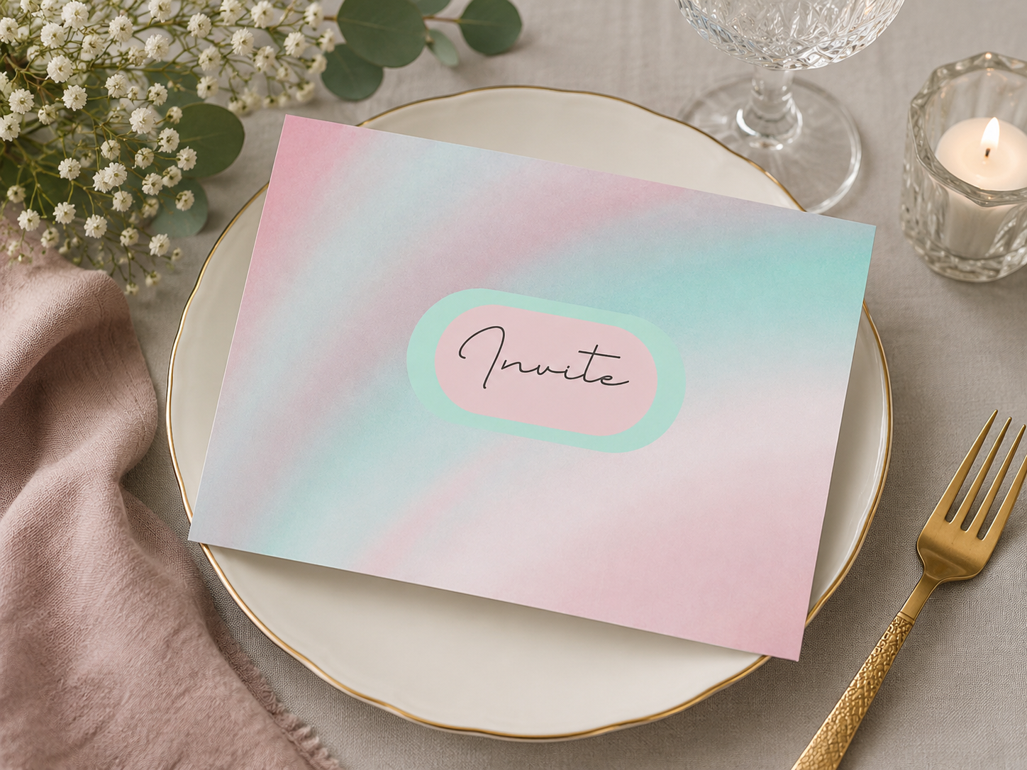 A horizontal stationery card featuring a soft pastel pink, blue, and teal ombre gradient background with a central "Invite" pill label.