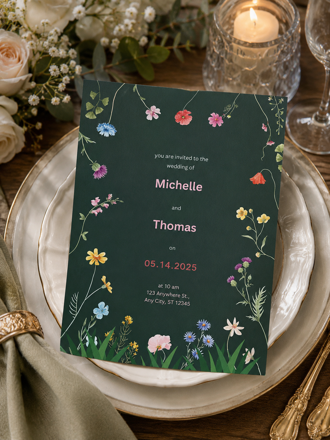 A deep forest green wedding invitation card featuring an intricate border of colorful hand painted wildflowers.