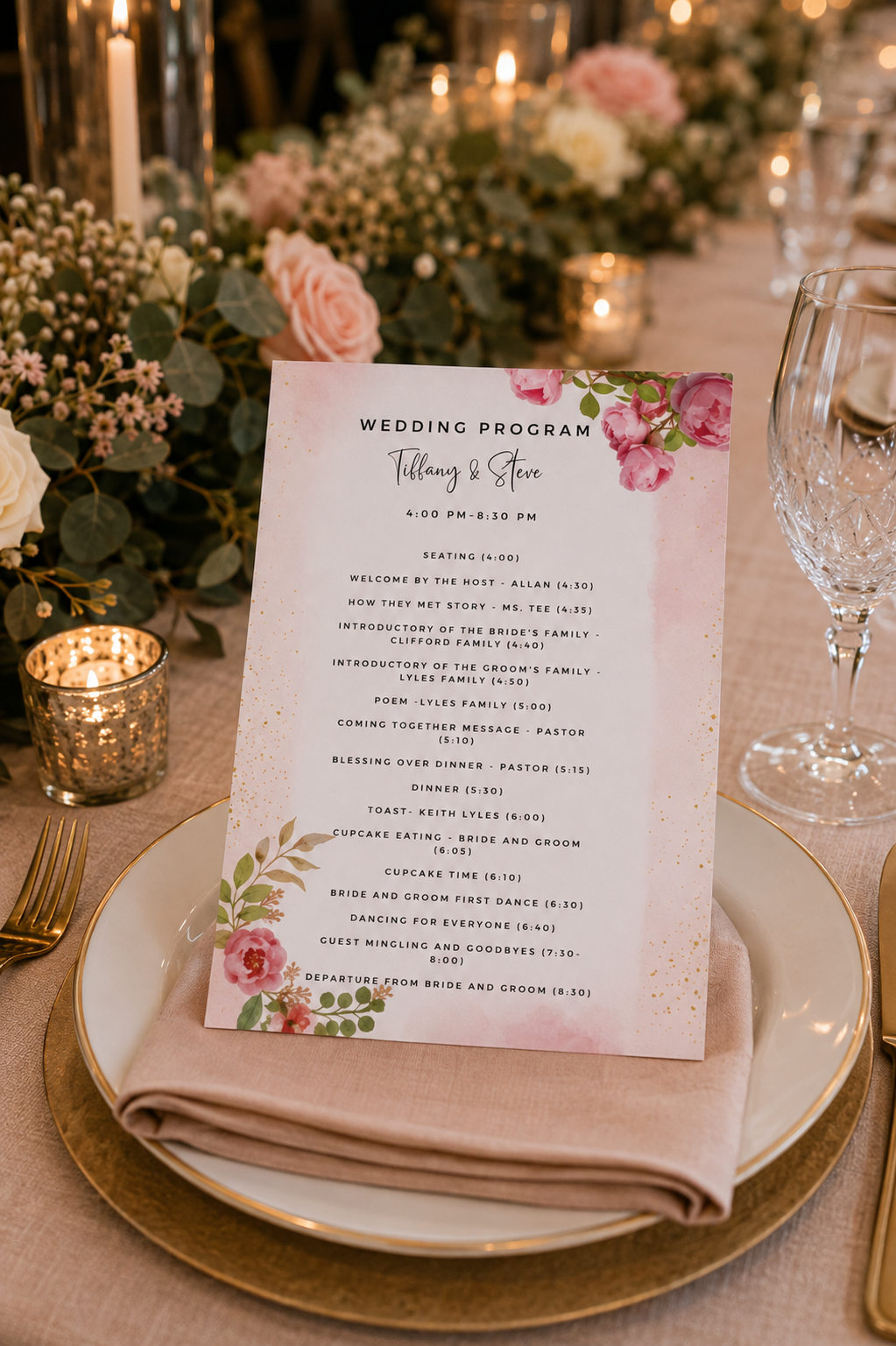 A romantic wedding timeline card featuring a blush pink watercolor wash background and clusters of red roses with gold sparkles.