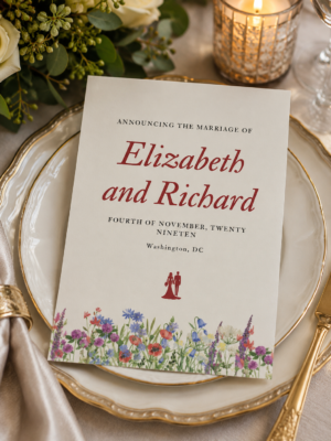A cream marriage announcement card featuring bold crimson red text and a colorful watercolor wildflower meadow border.