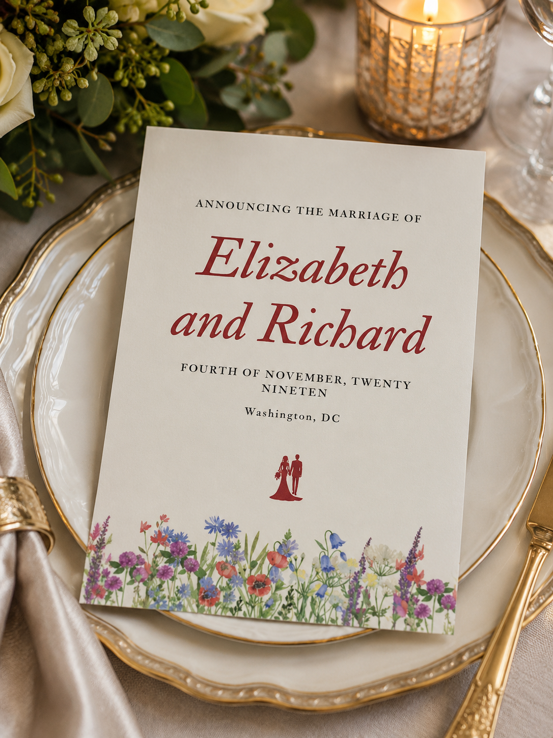 A cream marriage announcement card featuring bold crimson red text and a colorful watercolor wildflower meadow border.