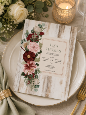 A wedding invitation featuring a rustic whitewashed wood backdrop and a vertical cascade of crimson and blush pink roses.