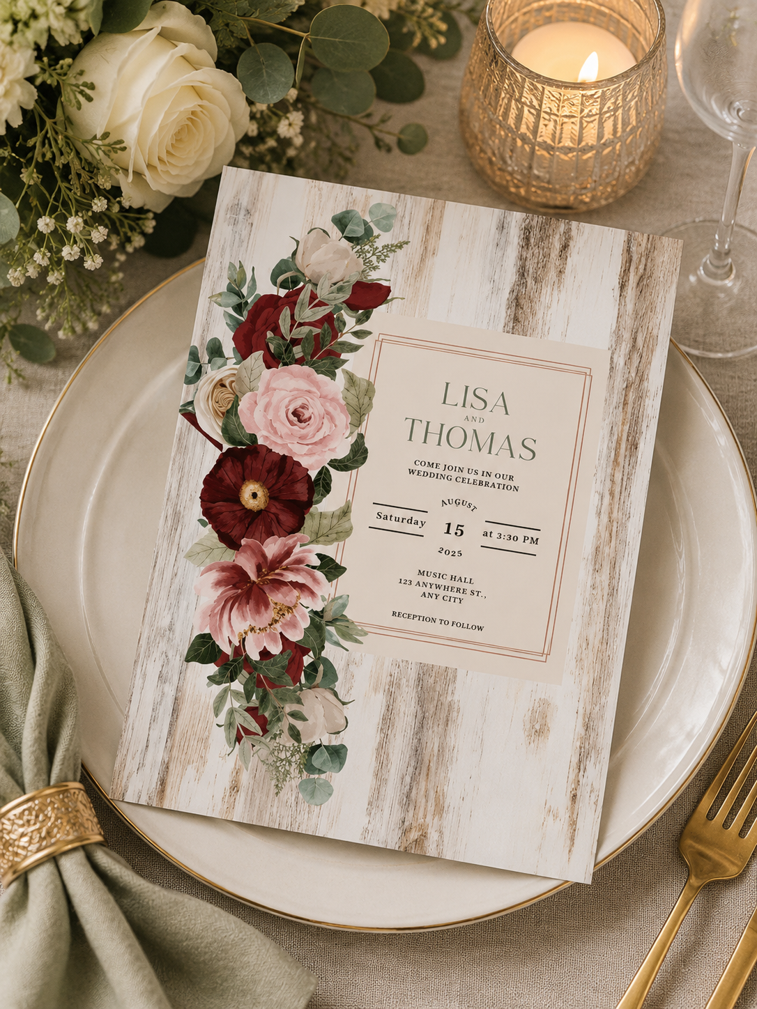 A wedding invitation featuring a rustic whitewashed wood backdrop and a vertical cascade of crimson and blush pink roses.