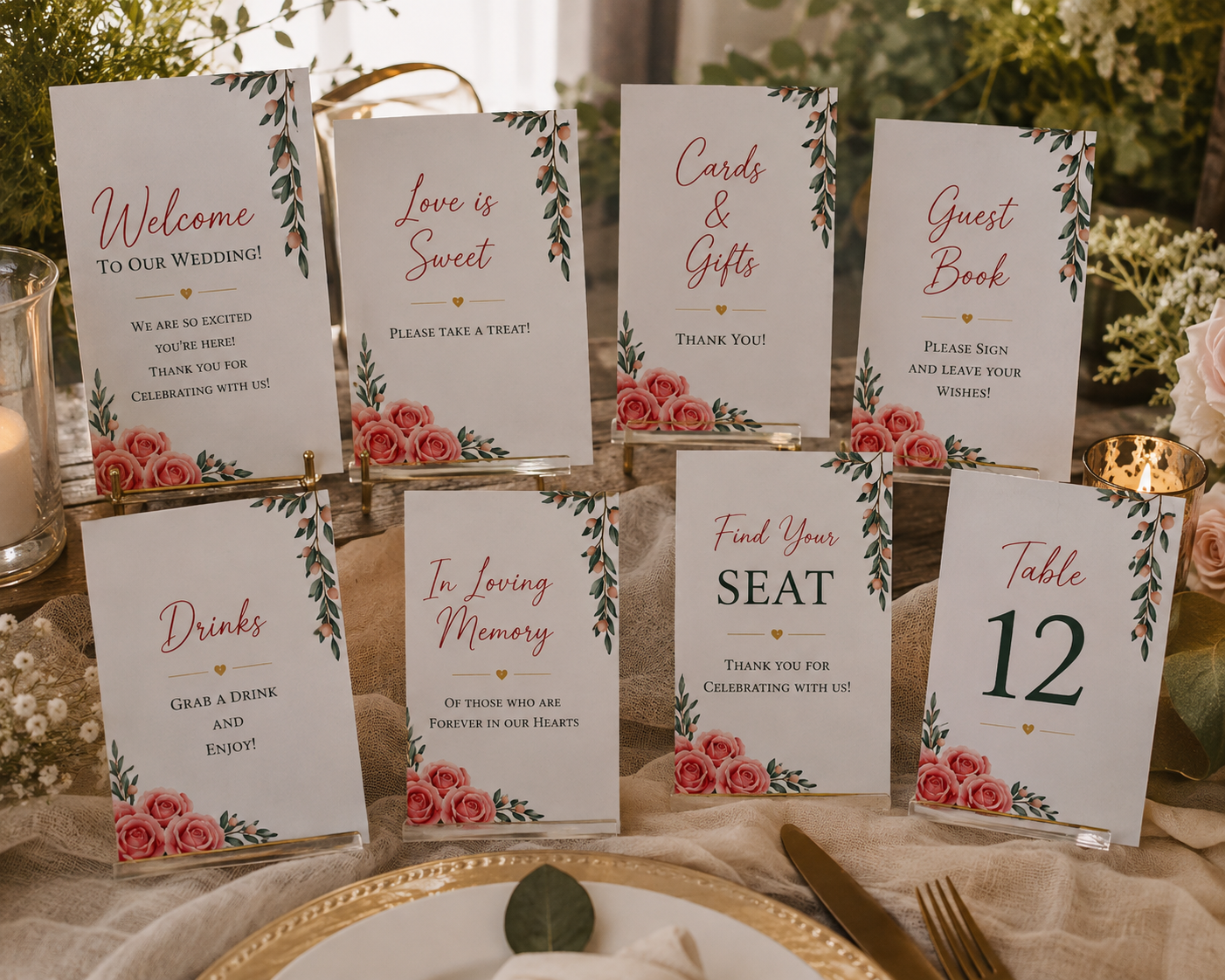 Red and dusty rose floral wedding reception signs bundle displayed in clear acrylic block holders.