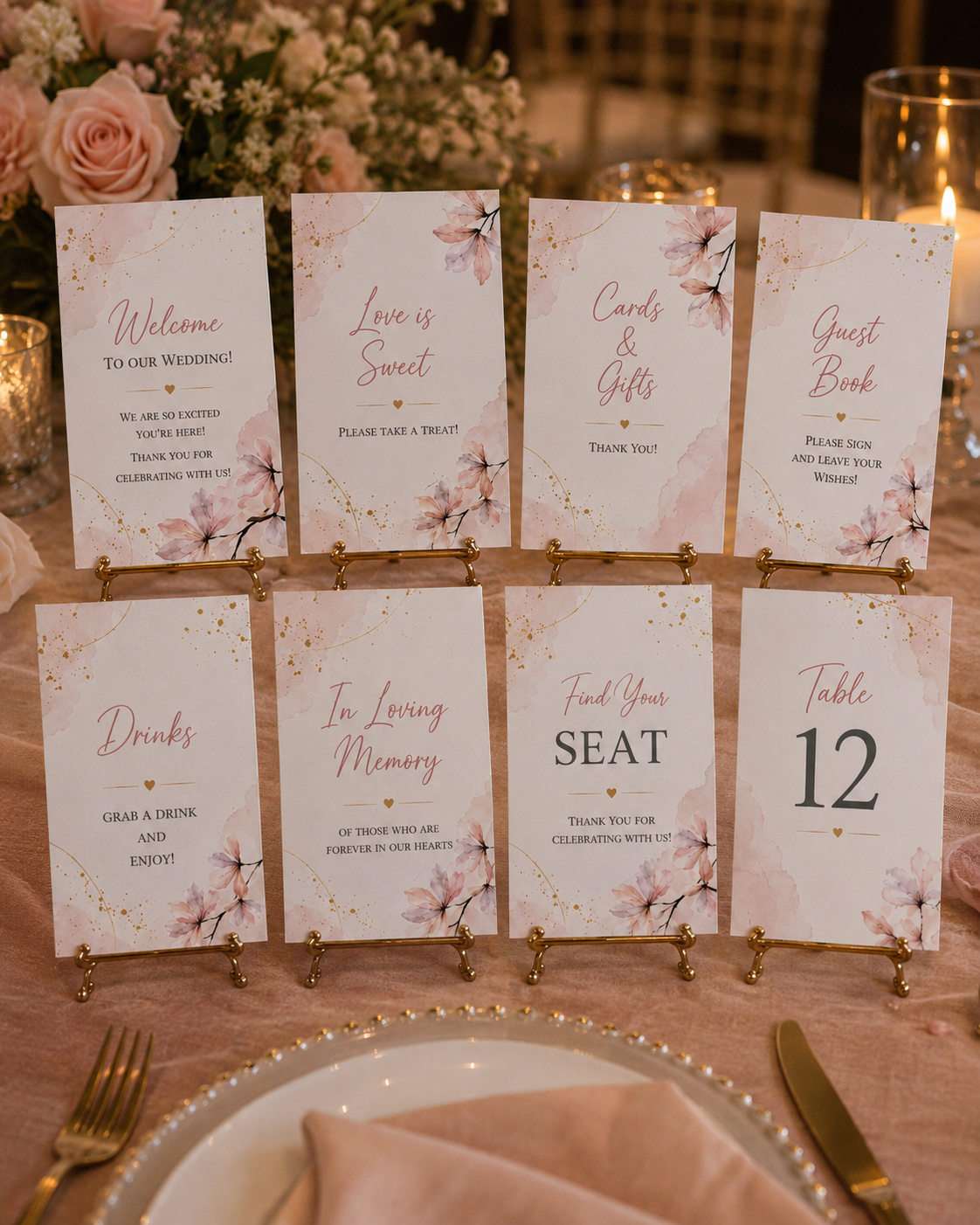 Cherry blossom wedding reception signs bundle with blush pink floral watercolor and gold glitter accents.