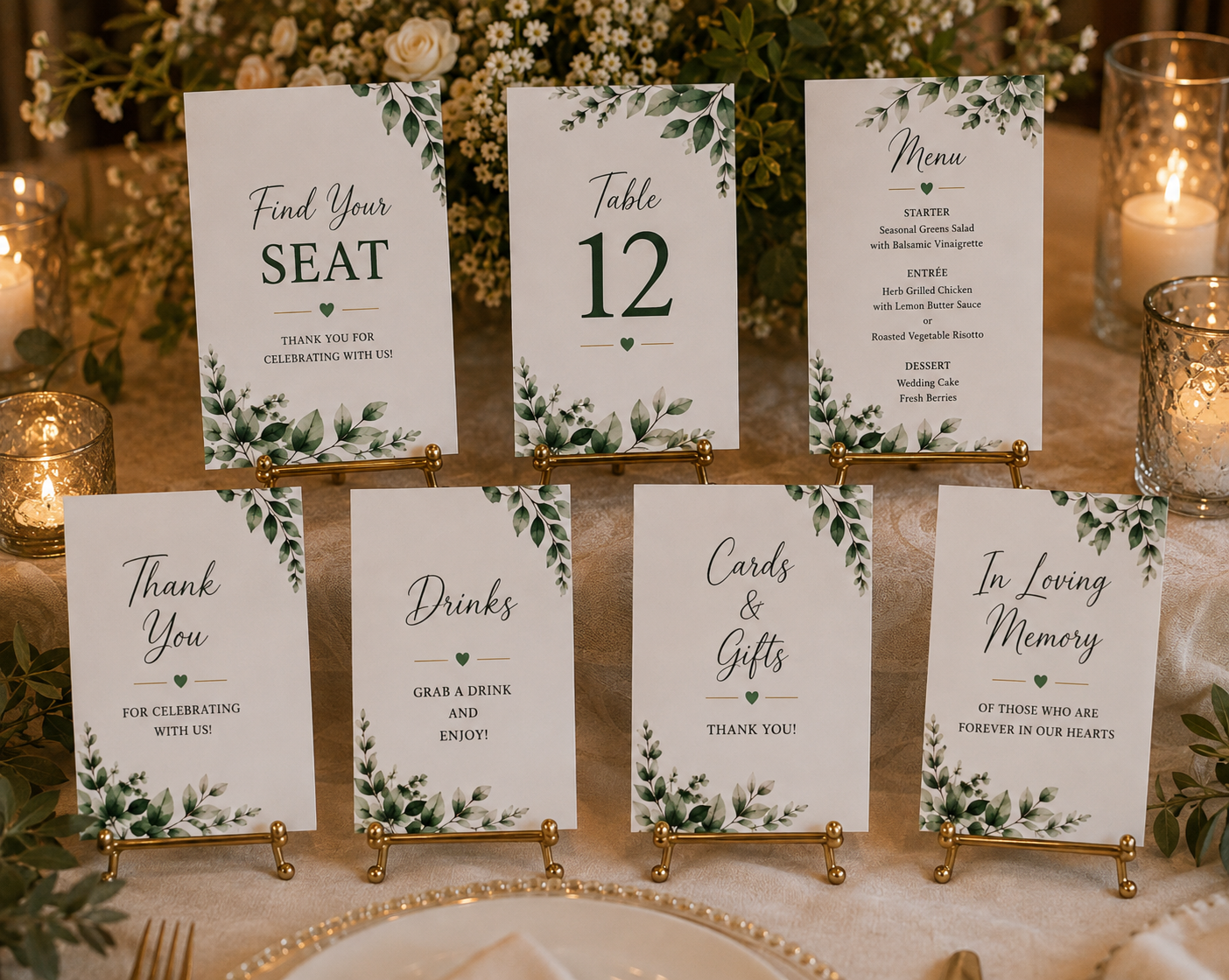 Botanical eucalyptus wedding reception signs bundle with watercolor greenery borders on white cards.