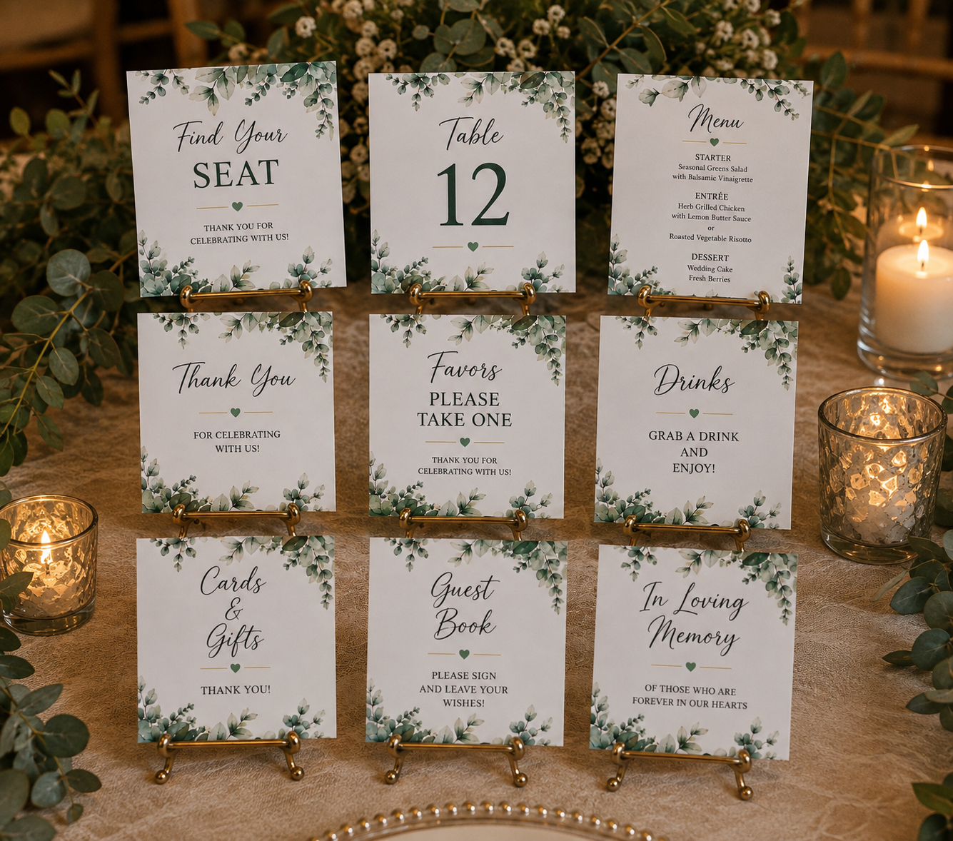 A 9-piece botanical wedding signage bundle with watercolor eucalyptus leaf borders on gold stands.
