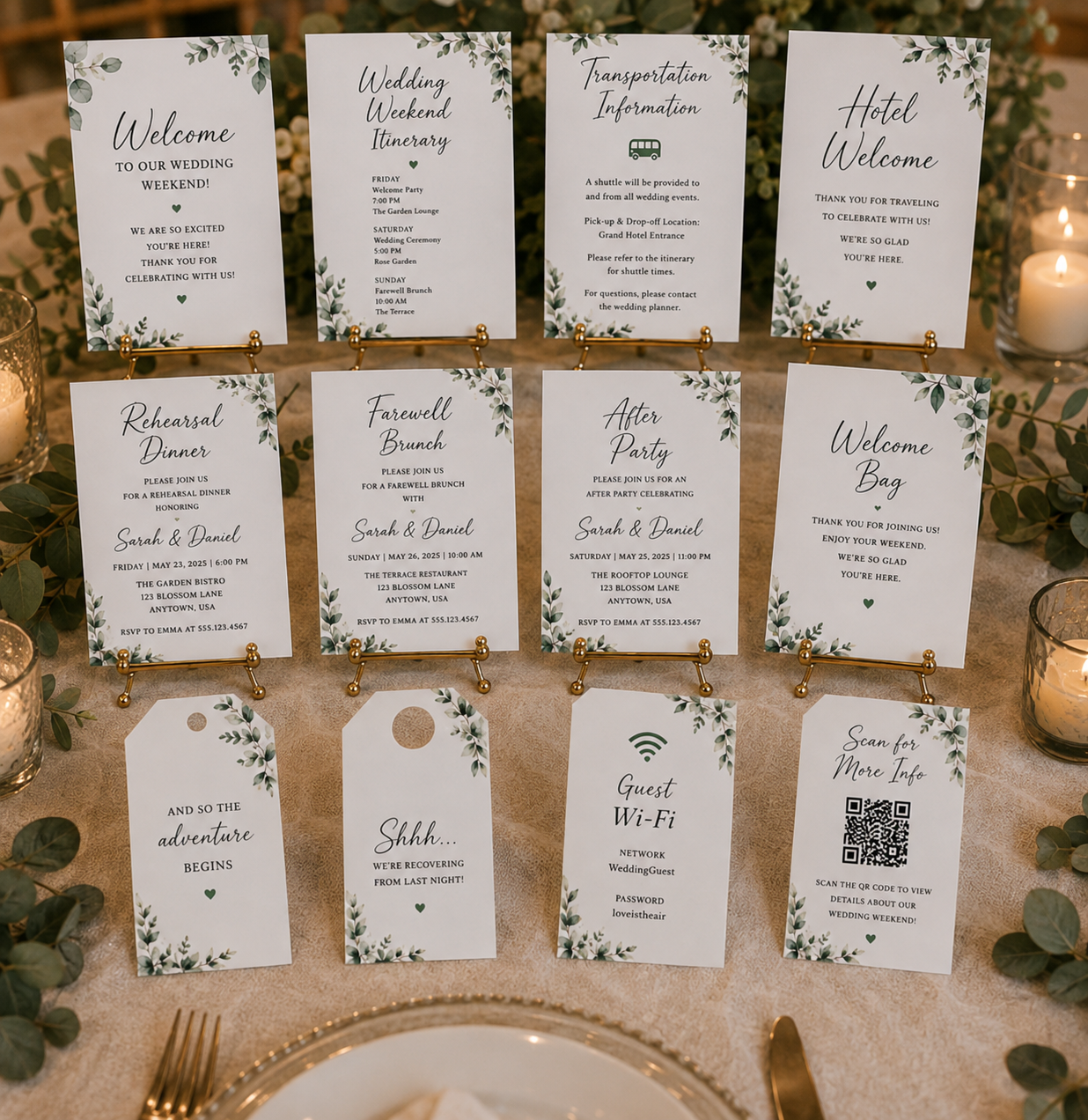 Eucalyptus wedding weekend itinerary and hotel welcome bag templates with botanical greenery borders.