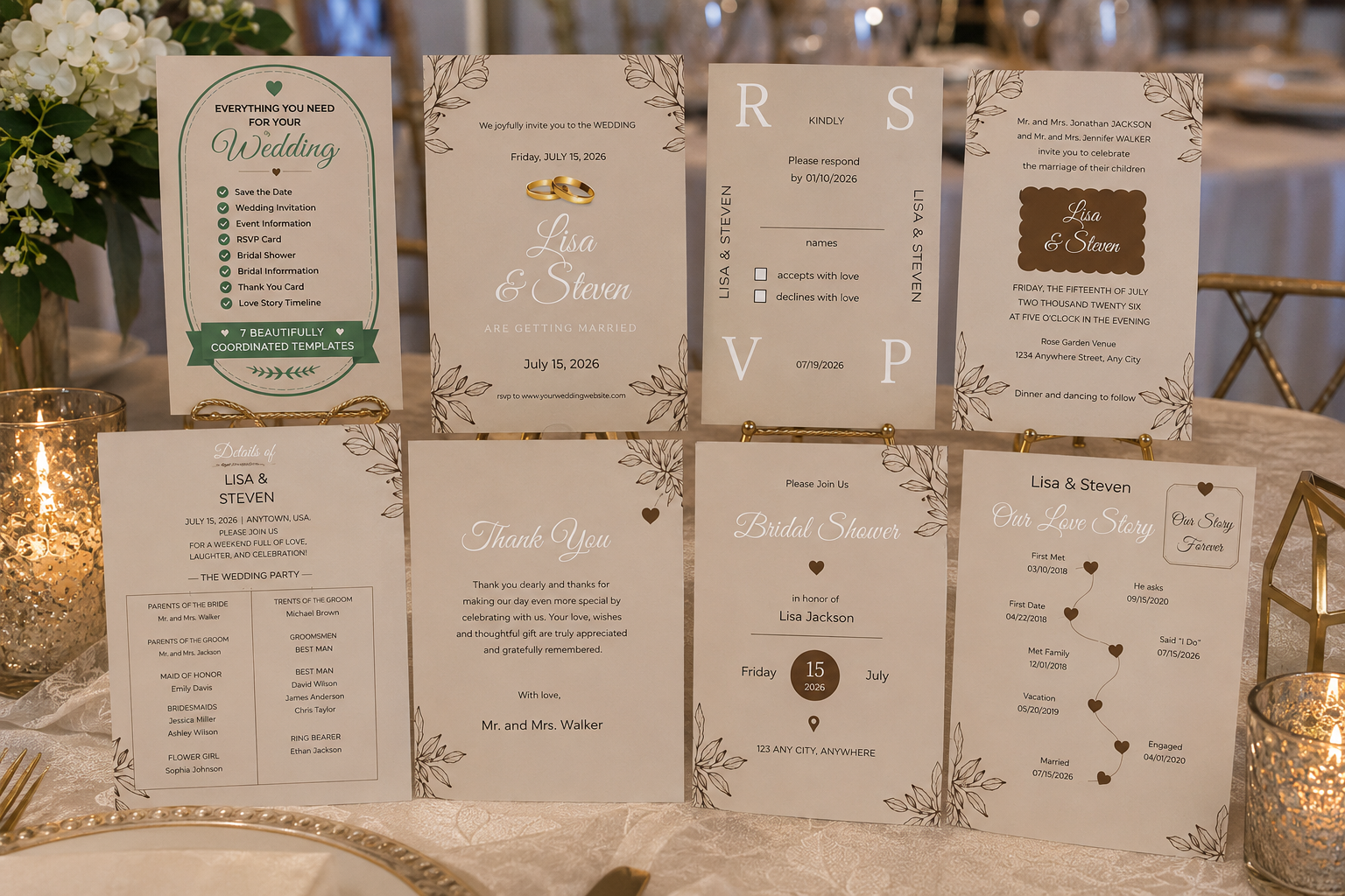 Rustic line art floral wedding invitation suite bundle with matching RSVP card, bridal shower invite, and love story timeline.