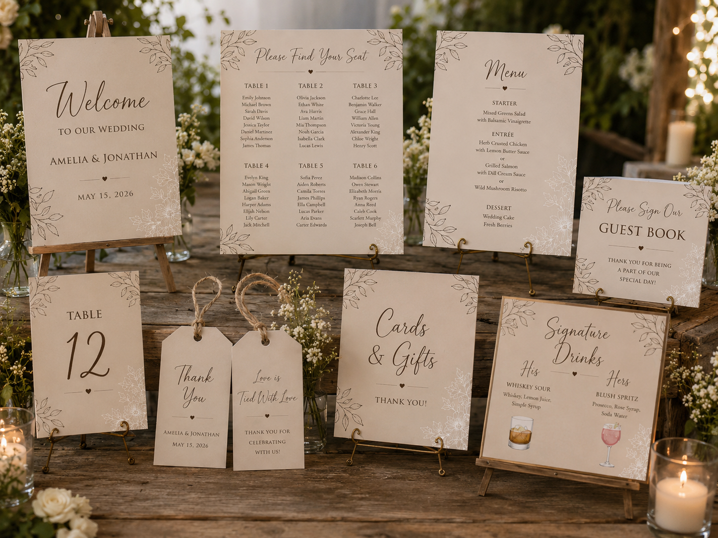 Rustic kraft wedding signs collection with minimalist line-art leaf illustrations and a signature drinks menu.