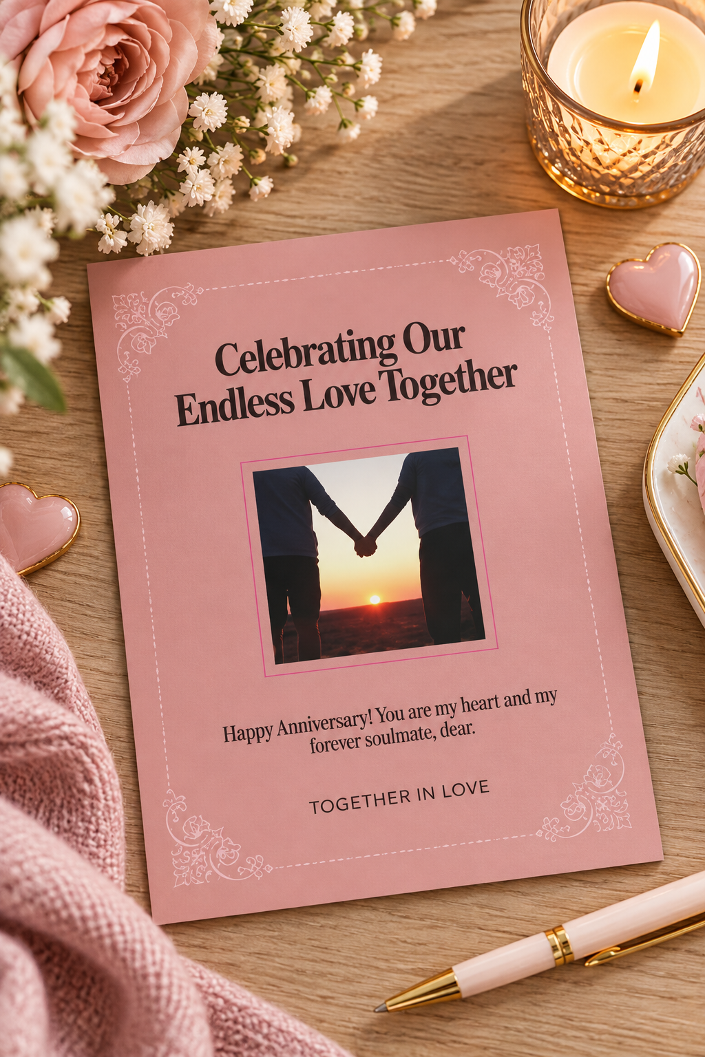 A romantic pink anniversary greeting card featuring elegant lace like corners, a central sunset silhouette photo and sweet text reading 'Celebrating Our Endless Love Together'.