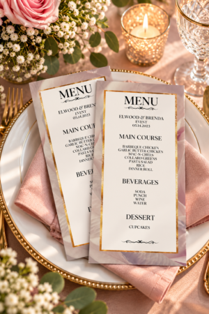 Two elegant printable event menus featuring blush watercolor backgrounds, gold borders, and black typography on a white plate.