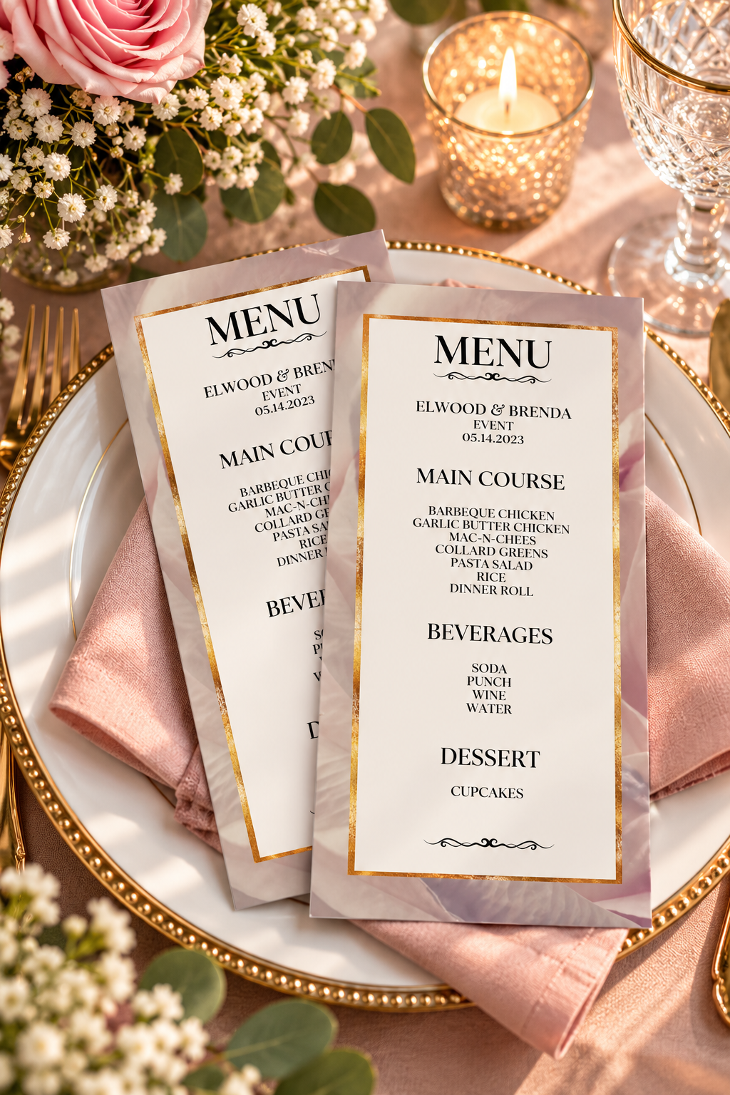 Two elegant printable event menus featuring blush watercolor backgrounds, gold borders, and black typography on a white plate.