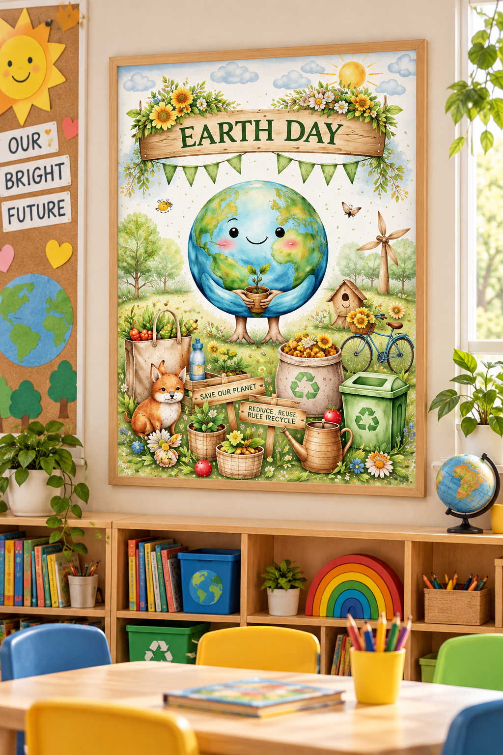 A whimsical watercolor Earth Day poster featuring a smiling planet Earth holding a potted sprout, surrounded by a cute red fox, recycling bins, a bicycle, a wind turbine, and eco friendly signs in a sunny green field.