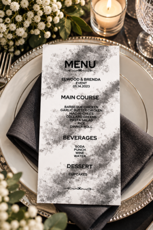 Printable wedding event menu featuring a black and white textured marble design with bold typography, displayed on a dinner plate.