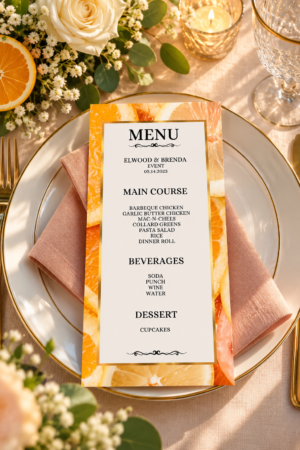 Elegant printable event menu with vibrant orange citrus-inspired artwork, a brown border, and black typography on a white plate.