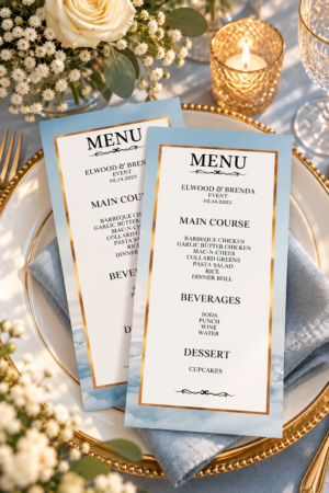 Two printable event menus with soft blue watercolor backgrounds, gold toned borders, and elegant black text on a white dinner plate.