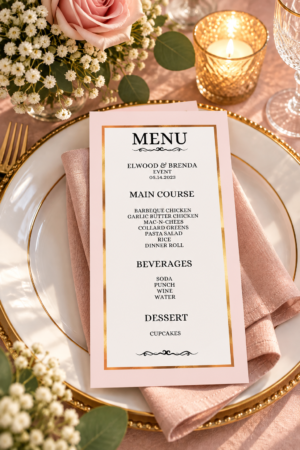 Elegant printable wedding menu featuring a blush pink background, rose gold border, and black typography on a white dinner plate.
