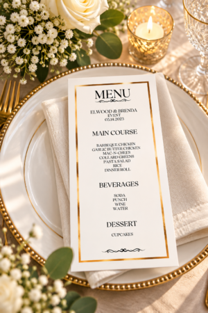 Minimalist printable event menu with a white background, metallic rose gold border, and elegant black lettering on a dinner plate.