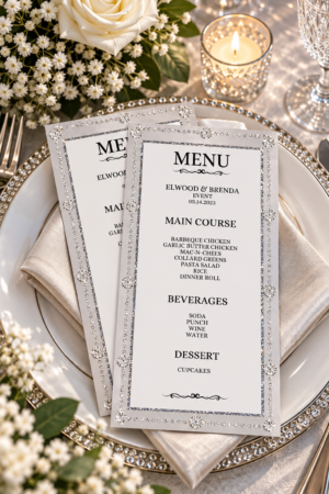 Two printable wedding menus featuring sparkling silver borders, rhinestone style accents, and black typography on a white plate.