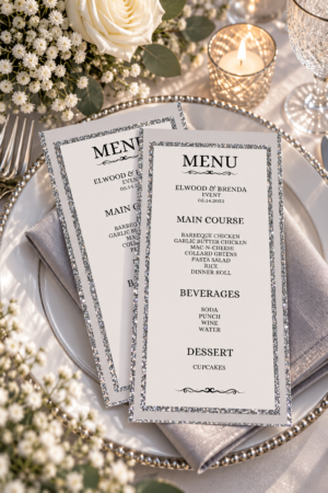 Two printable wedding reception menus featuring shimmering silver glitter borders and elegant black typography on a white dinner plate.