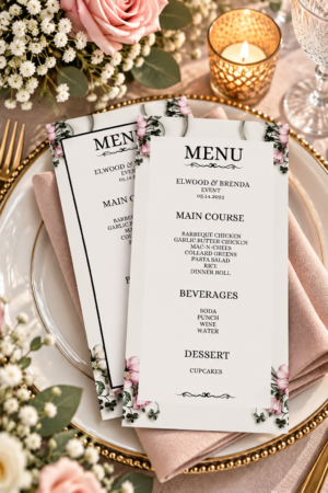 Two printable event menus featuring delicate pink floral corner accents, black borders, and elegant typography on a white plate.