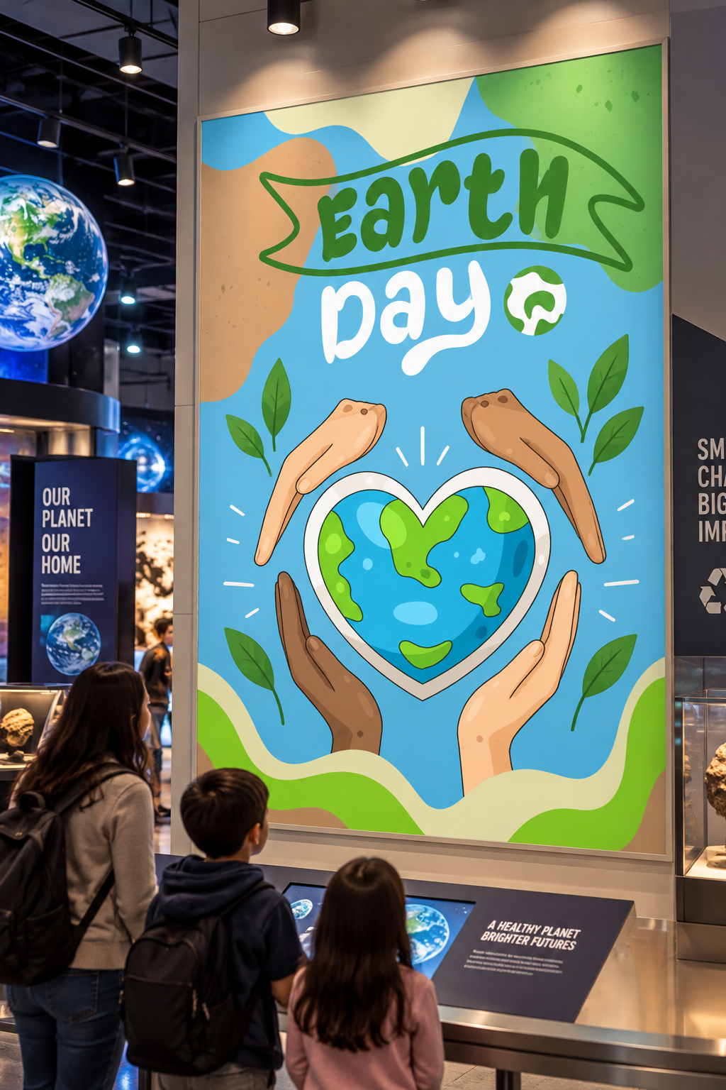 A cute cartoon Earth Day poster featuring diverse hands gently holding a heart shaped planet Earth under a green banner that reads 'earth day'.