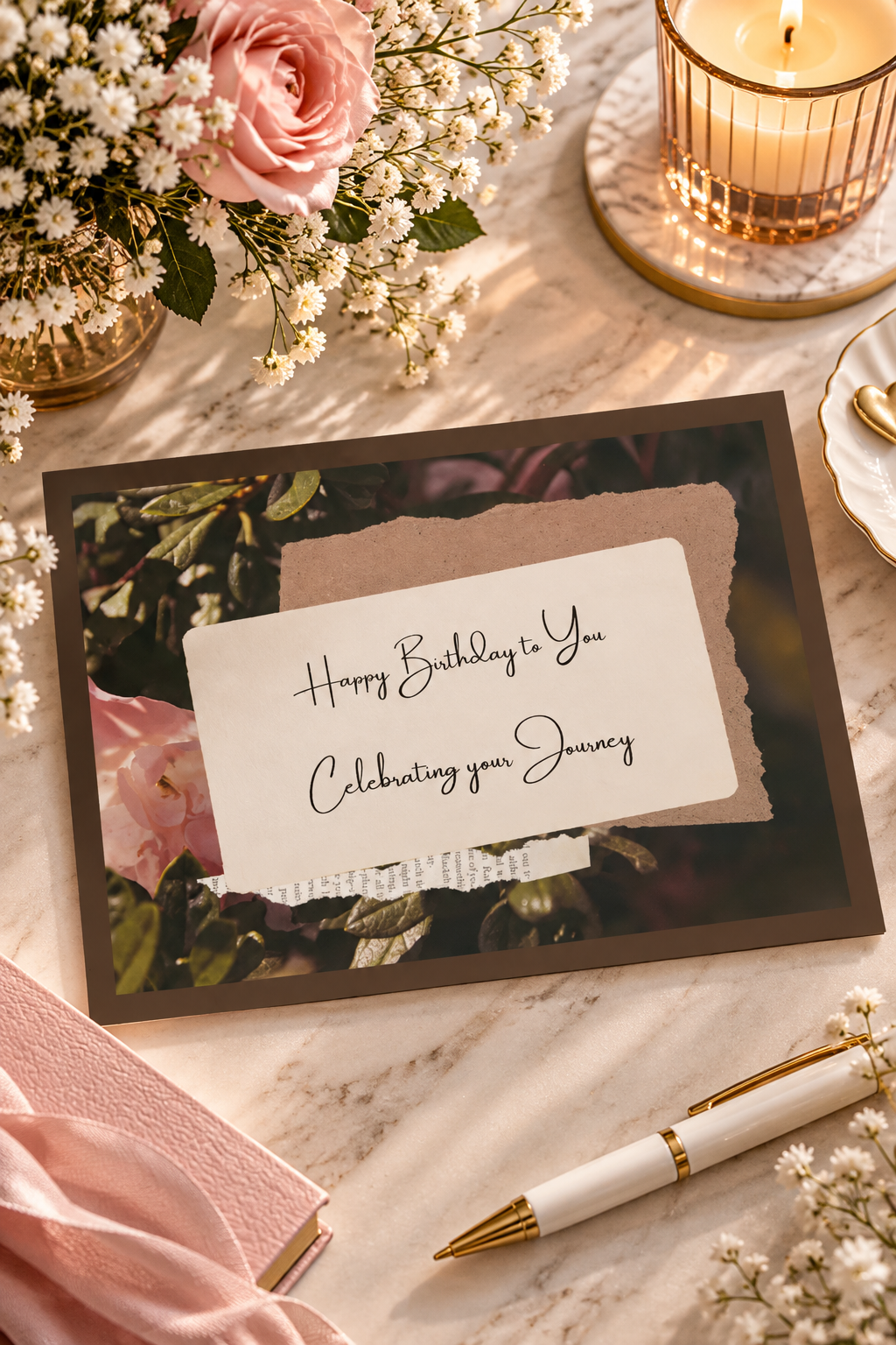 A rustic, scrapbooking-style birthday greeting card with a dark brown border and a background of soft pink flowers, featuring layered torn paper slips with elegant cursive text that reads Happy Birthday to You, Celebrating your Journey.