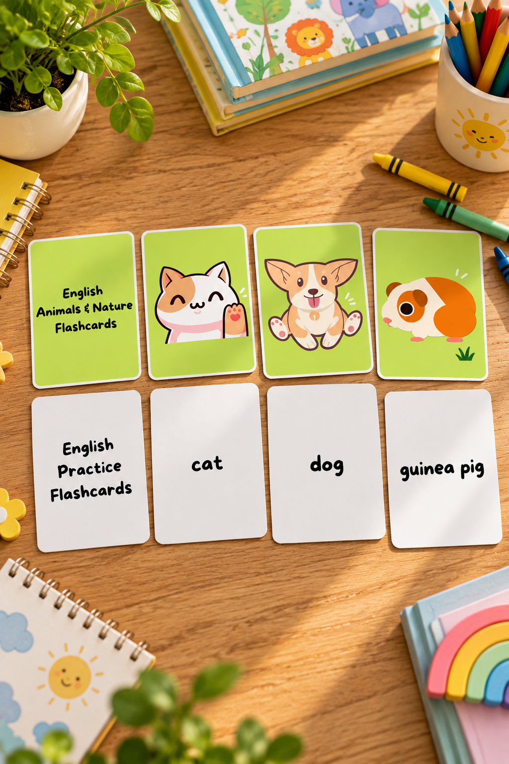 A top down lifestyle photograph of printed animal flashcards arranged on a sunlit wooden table. The cards are laid out in two neat rows, surrounded by colorful children's learning supplies including a stack of illustrated storybooks, a cup full of colored pencils, scattered crayons, and cheerful spiral bound notebooks with sun motifs.