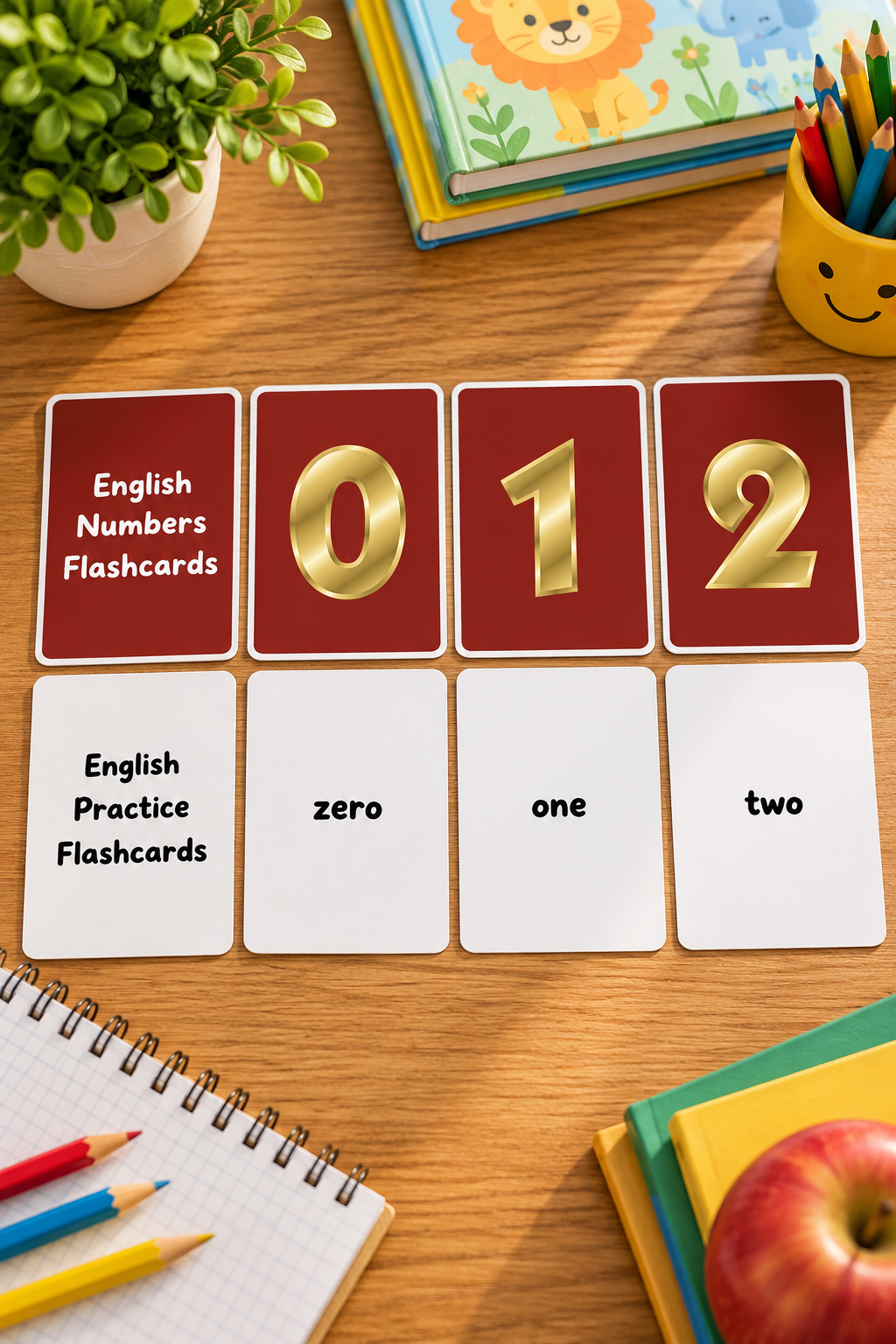 A flat lay photo of eight math flashcards arranged on a wooden study table with school supplies. The top row features dark red cards showcasing bold, glossy golden numbers 0, 1, and 2, while the bottom row features matching white practice cards with the written words zero, one, and two.