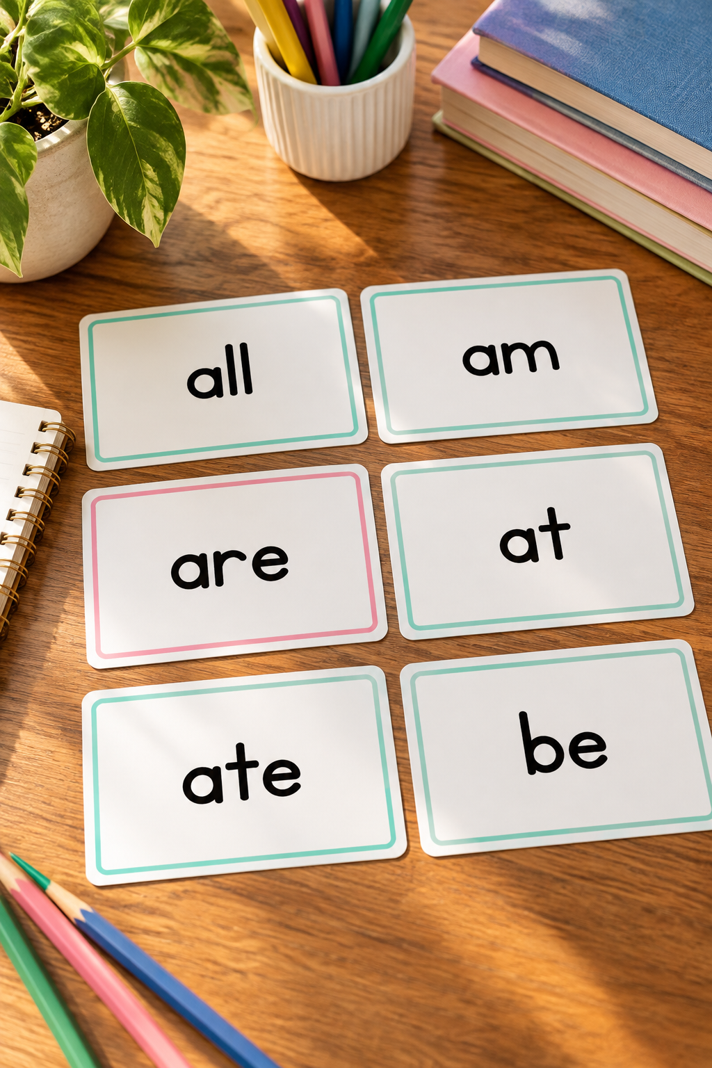 A flat lay photo of six white educational flashcards arranged on a wooden desk with notebooks and colored pencils. Each card features a clean, thin pastel border in light blue or soft pink, displaying a bold lowercase sight word in a friendly font all, am, are, at, ate, and be.