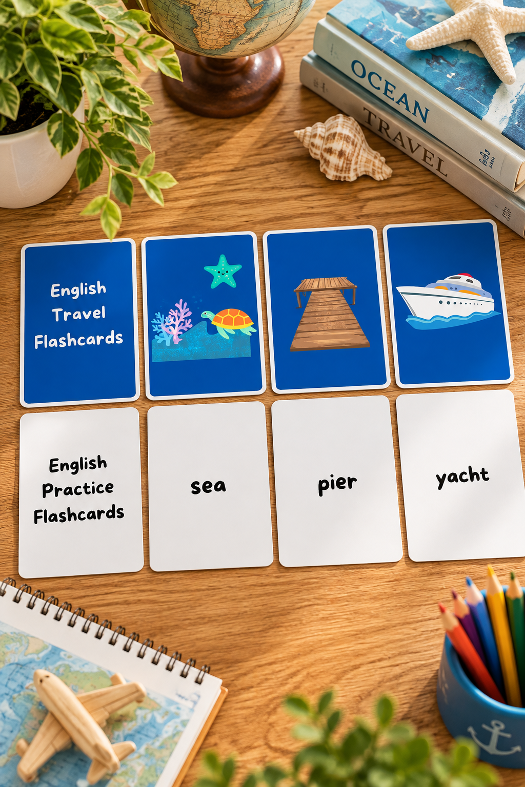 A top down photo of eight educational flashcards on a wooden tabletop decorated with travel themed supplies like a desk globe and books. The top row features deep blue cards displaying ocean illustrations like a sea turtle with coral, a wooden pier, and a yacht, while the matching bottom row consists of white practice cards with the written words sea, pier, and yacht.