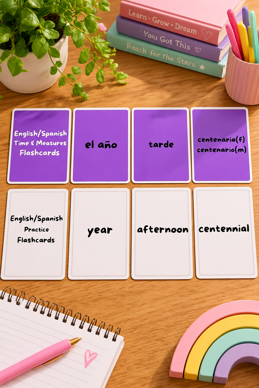 A flat lay photo of eight bilingual educational flashcards on a warm wood table next to a spiral notebook and pastel stacked books. The top row features purple cards displaying bold Spanish vocabulary words el año, tarde, and centenaria or centenario, while the matching bottom row consists of white practice cards with the corresponding English words year, afternoon, and centennial.