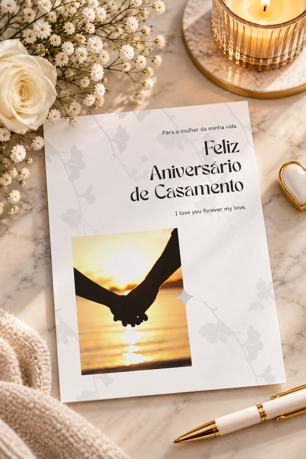 An elegant white anniversary greeting card with faint floral vine silhouettes, featuring a square photo of a couple holding hands in front of a bright seaside sunset under bold text that reads 'Feliz Aniversário de Casamento'.