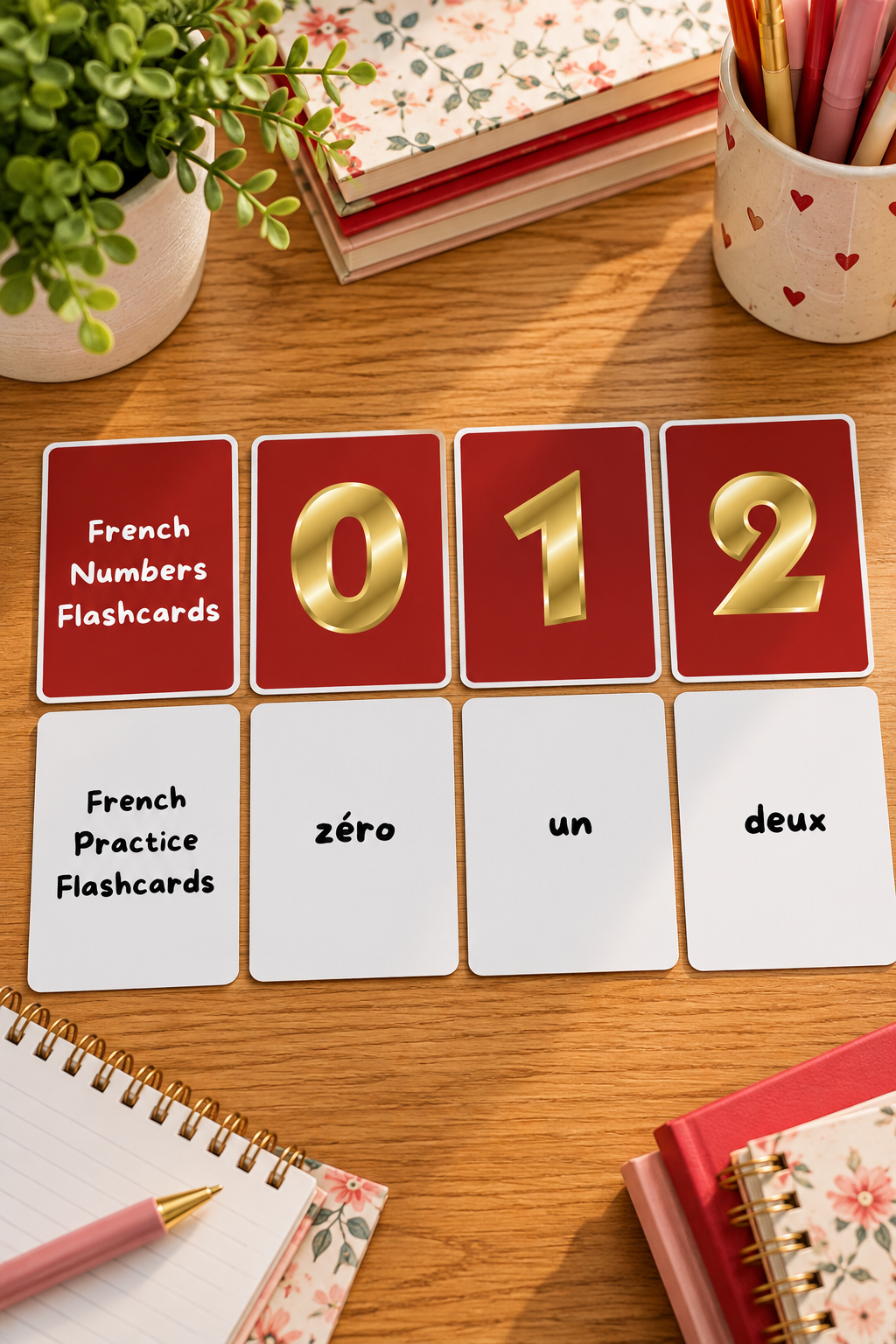 A flat lay photo of eight educational flashcards laid out on a wooden desk alongside notebooks and a pen cup. The top row features dark red cards displaying shiny golden numbers 0, 1, and 2, while the matching bottom row consists of white cards with the written French words zéro, un, and deux.