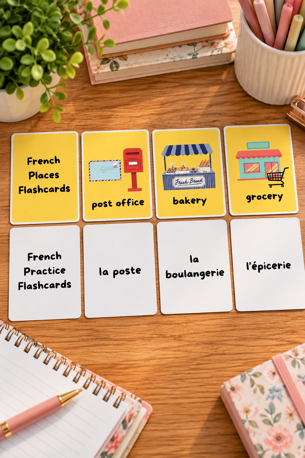 A top down photo of eight educational flashcards arranged on a smooth wooden desk with a spiral notebook and floral planners. The top row features bright yellow cards with cartoon drawings of a post office box, a fresh bread bakery stand, and a grocery storefront, while the matching bottom row consists of white practice cards with the French words la poste, la boulangerie, and l'épicerie.