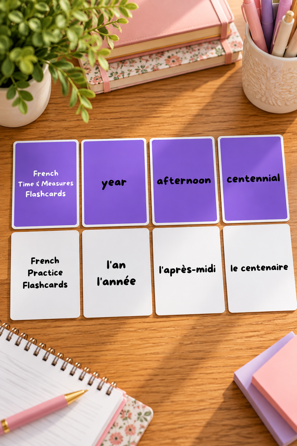 A flat lay photo of eight educational flashcards laid out on a wooden table near a spiral notebook, a pink pen, and stacked books. The top row features purple cards displaying bold English words year, afternoon, and centennial, while the matching bottom row consists of white practice cards with the corresponding French translations l'an or l'année, l'après-midi, and le centenaire.