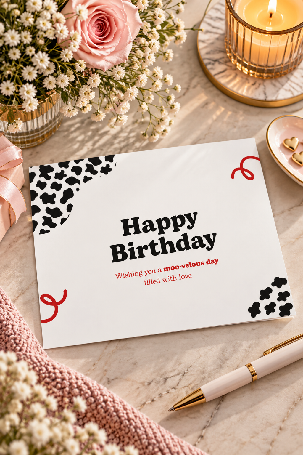 A cute cow themed birthday greeting card featuring black and white spotted patterns in the corners, curly red doodles, and bold text reading Happy Birthday, Wishing you a moo-velous day filled with love.