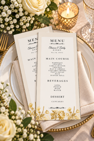 Elegant printable event menu with gold floral illustrations, a cream background, and black typography on a white dinner plate.
