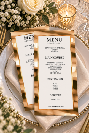 Two printable event menus featuring champagne gold bokeh backgrounds, metallic gold borders, and black typography on a white plate.