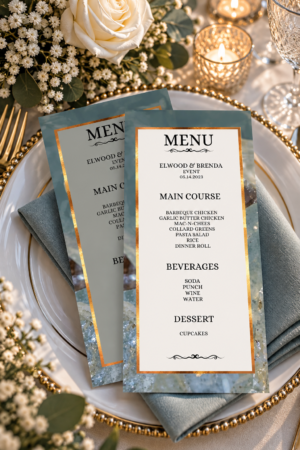 Two printable event menus with muted sage green backgrounds, gold borders, and elegant black typography on a white dinner plate.