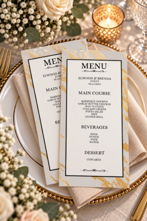 Printable wedding event menu with white and gray marble background, gold accents, and black border on a white dinner plate.