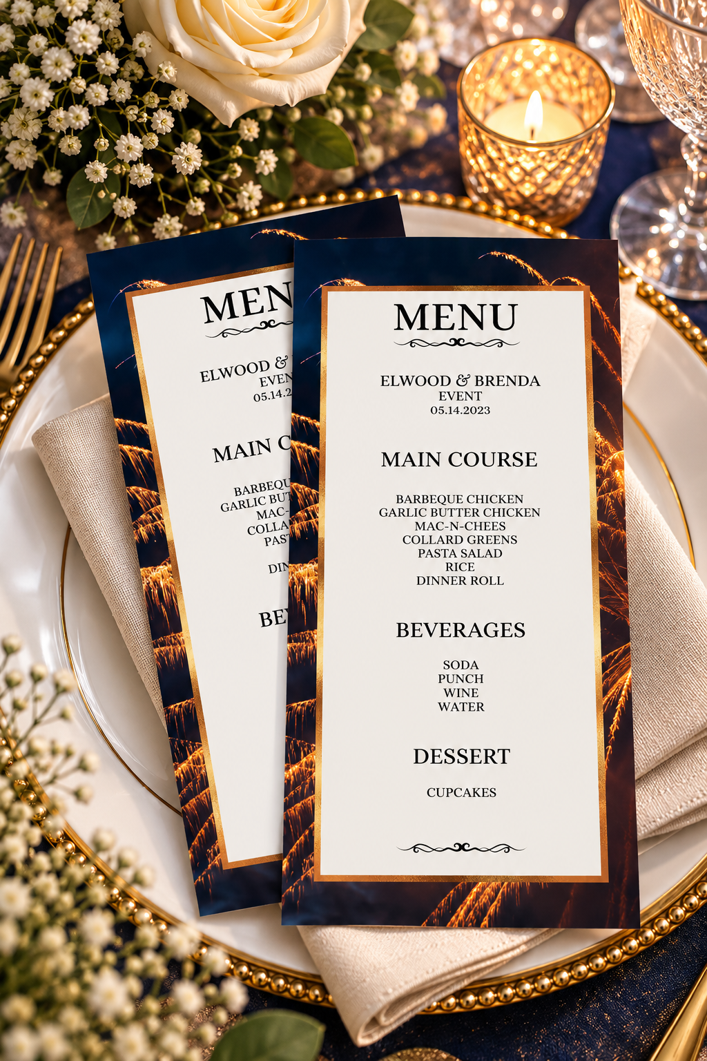Two printable event menus featuring dark navy blue backgrounds, glowing gold accents, and elegant black typography on a white plate.
