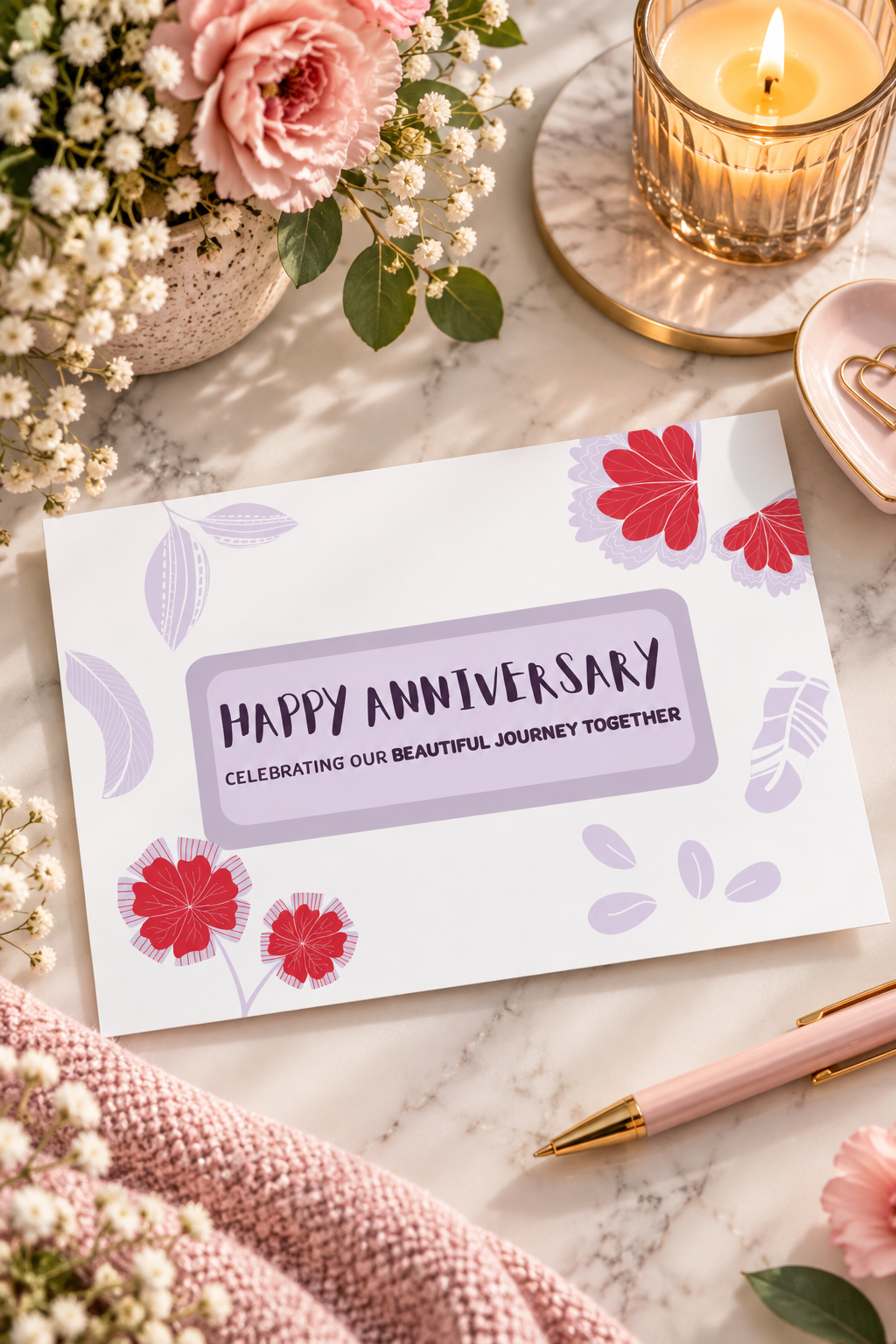 A whimsical white anniversary greeting card framed by illustrated purple leaves and bright red abstract flowers, centered with a rounded purple plaque that reads 'HAPPY ANNIVERSARY CELEBRATING OUR BEAUTIFUL JOURNEY TOGETHER'.