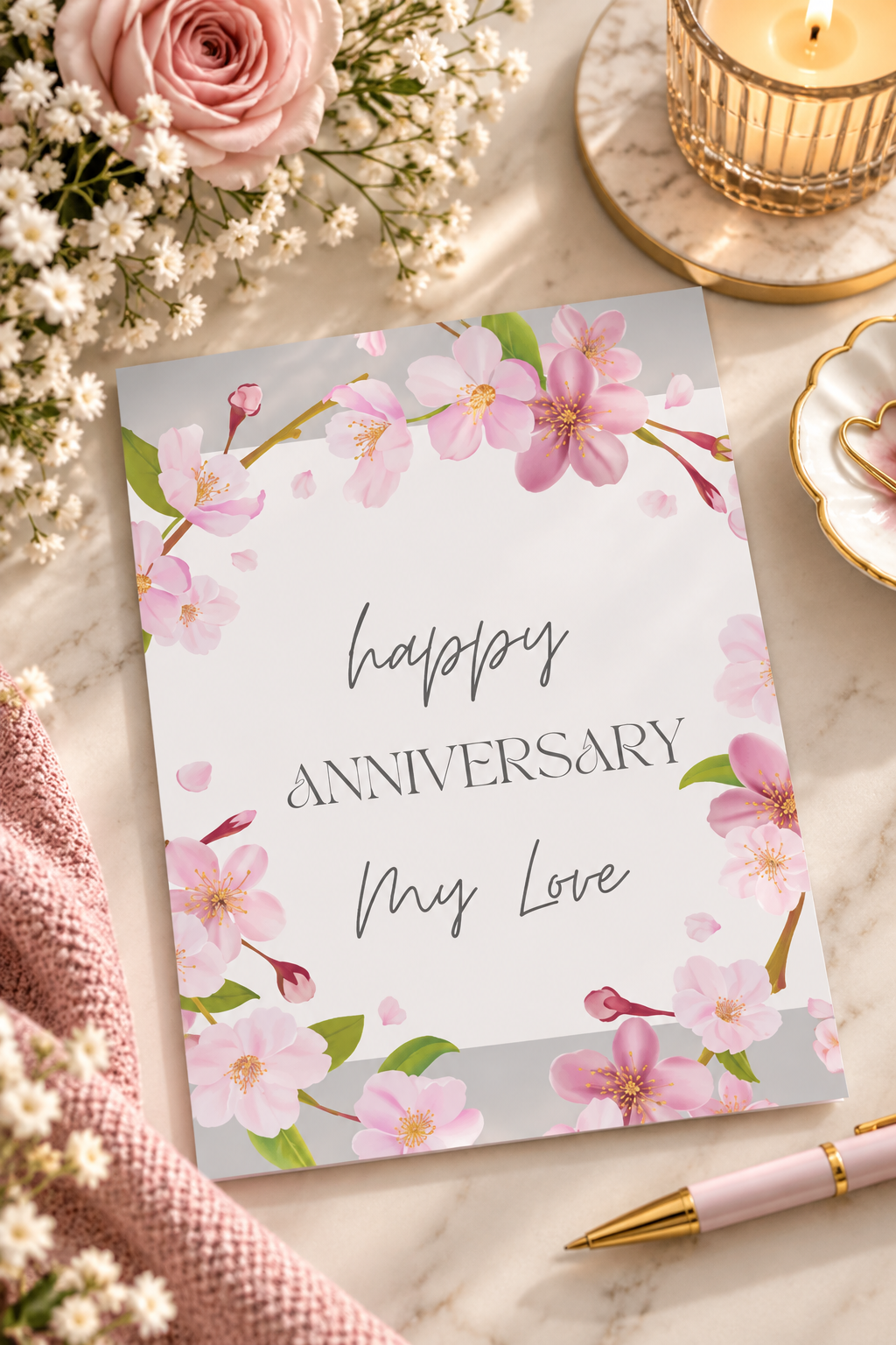 A romantic light grey and white greeting card framed on all sides by blooming pink cherry blossom flowers and green leaves, centered with elegant cursive and serif text that reads 'Happy Anniversary My Love'.