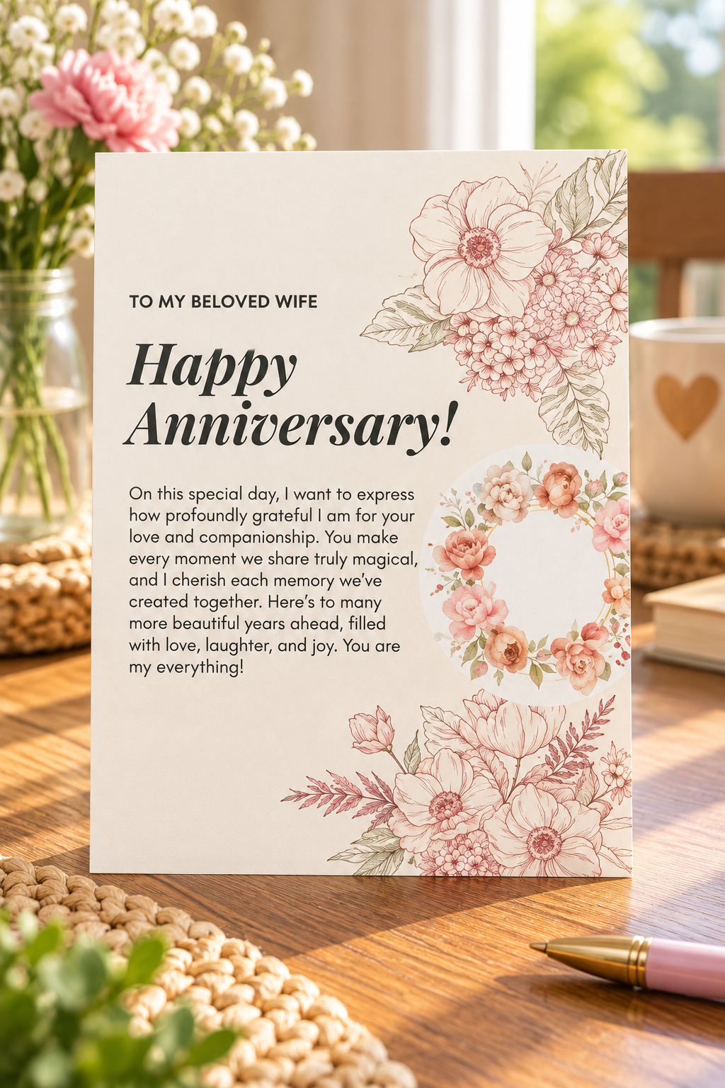 An elegant cream colored greeting card adorned with pink fine-line floral sketches in the corners and a central circular watercolor rose wreath next to a long, romantic paragraph message.