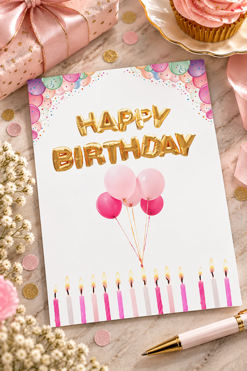 A festive white birthday greeting card featuring shiny gold foil HAPPY BIRTHDAY letter balloons, a bunch of floating pink balloons in the center, a decorative balloon arch across the top, and a row of glowing pink and white birthday candles lining the bottom.